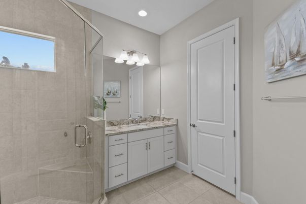 Bathroom, Dual Sink Vanities, Glass Shower, Interior, Recessed Lighting