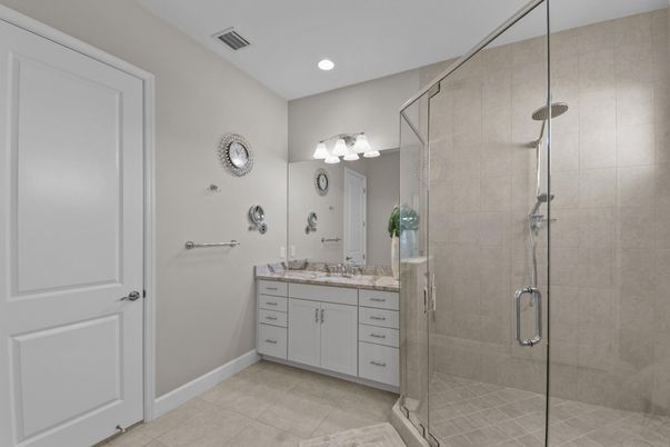 Bathroom, Dual Sink Vanities, Glass Shower, Interior, Recessed Lighting