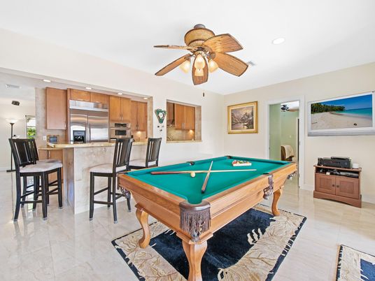 Billiard Table, Game Room, Interior, Kitchen, Recessed Lighting, Stainless Steel Appliances