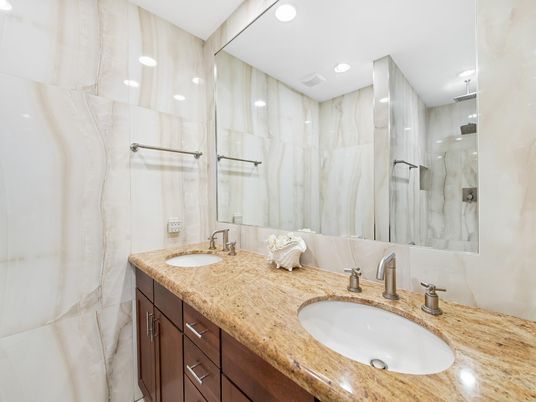 Bathroom, Dual Sink Vanities, Interior, Marble Walls, Recessed Lighting