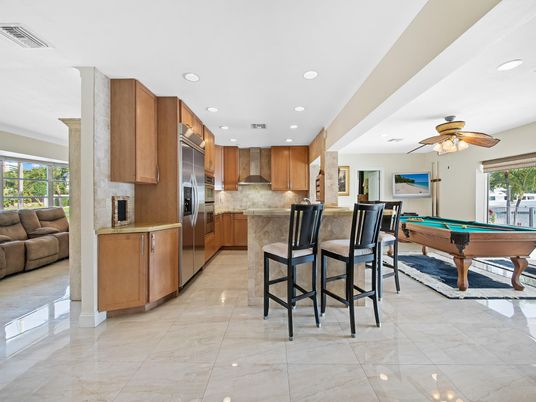 Billiard Table, Game Room, Interior, Kitchen, Recessed Lighting, Stainless Steel Appliances