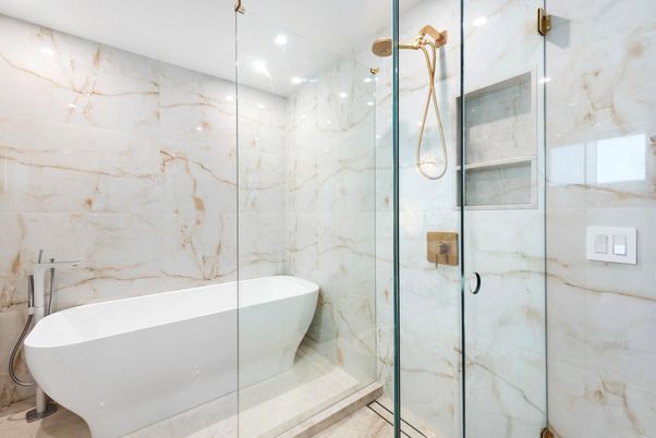 Bathroom, Free Standing Baths, Glass Shower, Interior, Marble Walls, Recessed Lighting