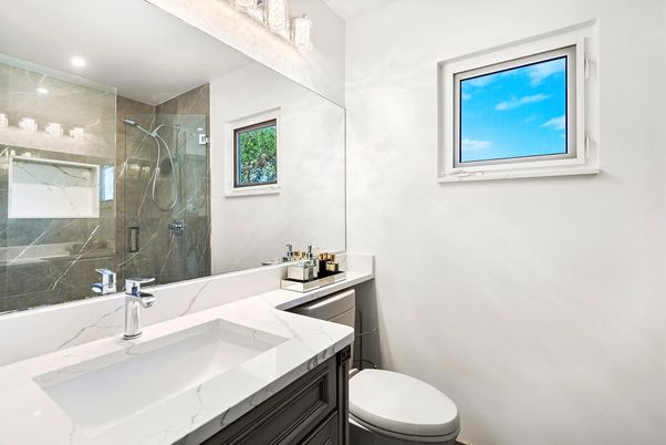Bathroom, Glass Shower, Interior, Marble Walls, Recessed Lighting