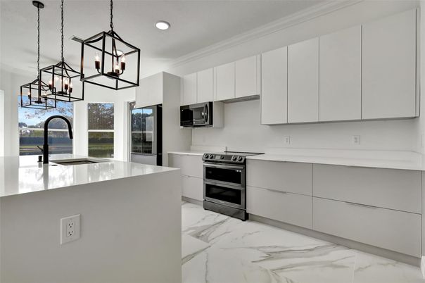 Interior, Kitchen, Marble, Pendant Lights, Recessed Lighting, Stainless Steel Appliances