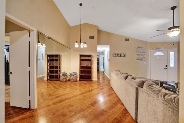 Interior, Living room, Pendant Lights, Wood Texture Flooring
