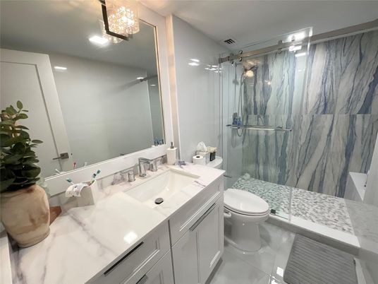 Bathroom, Glass Shower, Interior, Marble Walls, Recessed Lighting