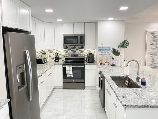 Interior, Kitchen, Marble, Recessed Lighting, Stainless Steel Appliances