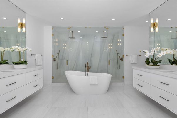 Bathroom, Dual Sink Vanities, Free Standing Baths, Glass Shower, Interior, Marble, Marble Walls, Recessed Lighting