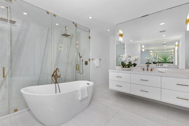 Bathroom, Dual Sink Vanities, Free Standing Baths, Glass Shower, Interior, Marble Walls, Recessed Lighting