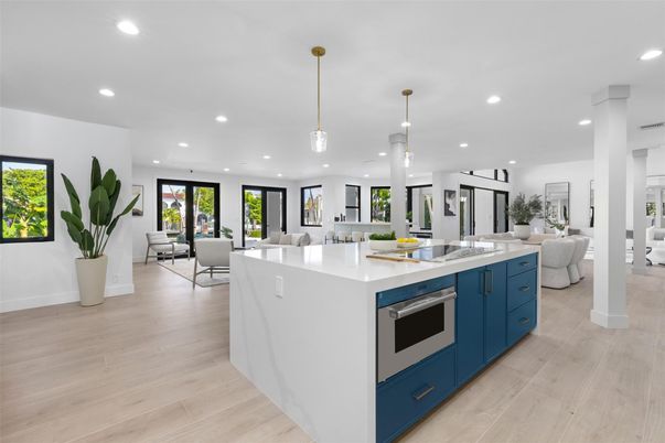 Dining room, Interior, Kitchen, Living room, Pendant Lights, Recessed Lighting, Stainless Steel Appliances, Wood Texture Flooring