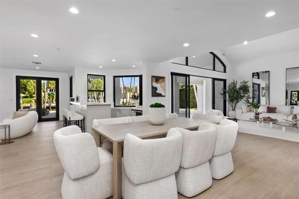 Dining room, Interior, Living room, Recessed Lighting, Wood Texture Flooring