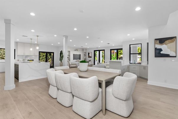 Dining room, Interior, Kitchen, Living room, Pendant Lights, Recessed Lighting, Wood Texture Flooring