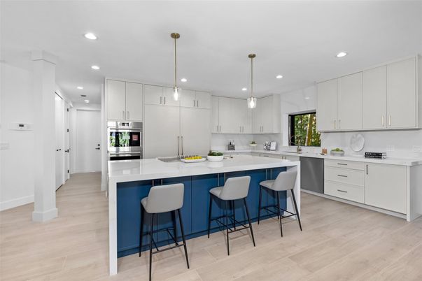 Interior, Kitchen, Pendant Lights, Recessed Lighting, Stainless Steel Appliances, Wood Texture Flooring