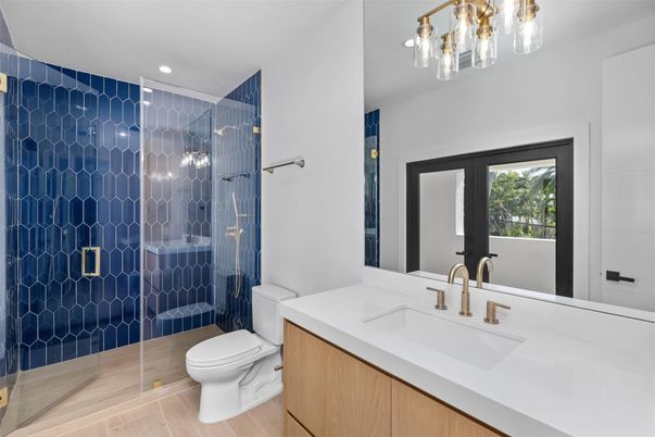 Bathroom, Glass Shower, Interior, Recessed Lighting, Wood Texture Flooring