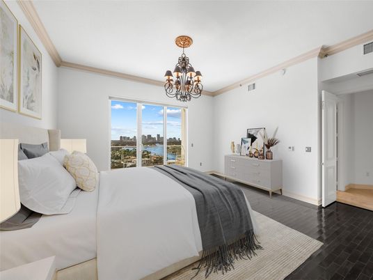Bedroom, Chandelier, Interior, Water, Wood Texture Flooring