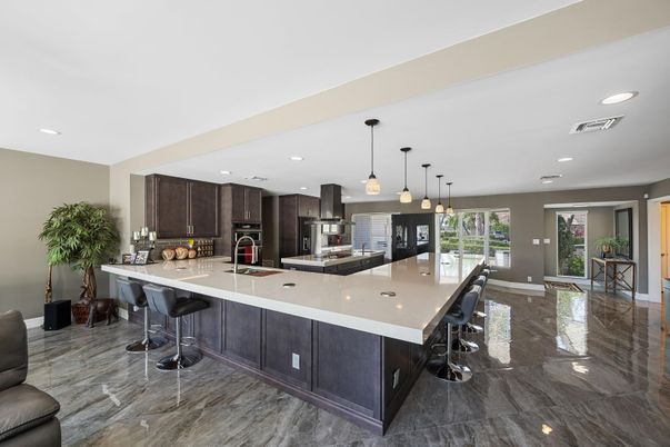 Interior, Kitchen, Marble, Pendant Lights, Recessed Lighting, Stainless Steel Appliances