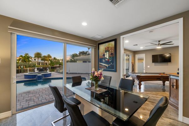 Billiard Table, Dining room, Game Room, Interior, Recessed Lighting, Wood Texture Flooring