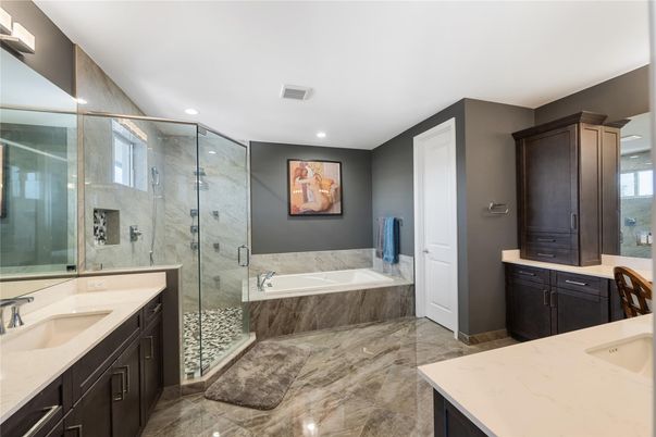 Bathroom, Dual Sink Vanities, Glass Shower, Interior, Recessed Lighting