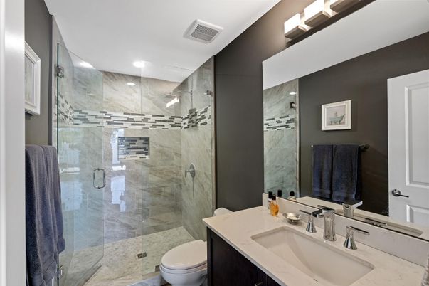 Bathroom, Glass Shower, Interior, Marble Walls, Recessed Lighting
