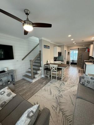 Dining room, Interior, Kitchen, Living room, Recessed Lighting, Wood Texture Flooring