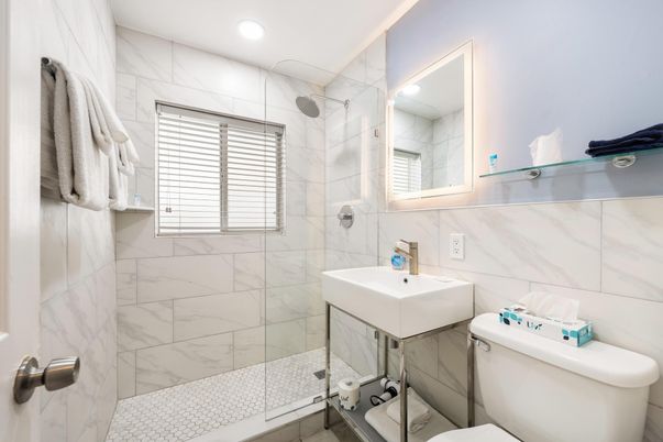 Bathroom, Glass Shower, Interior, Marble Walls, Recessed Lighting