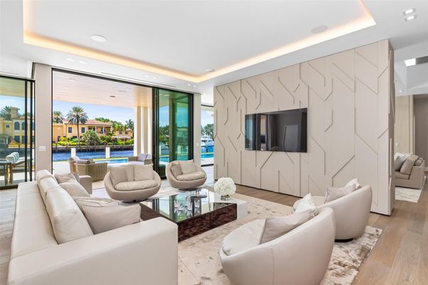 Interior, Living room, Marble Walls, Recessed Lighting, Wood Texture Flooring