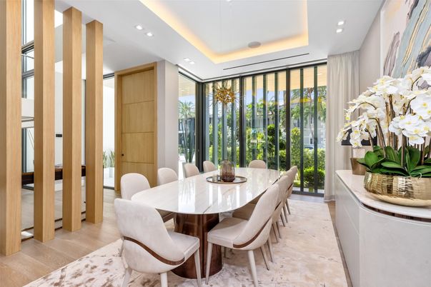 Dining room, Interior, Recessed Lighting, Wood Texture Flooring