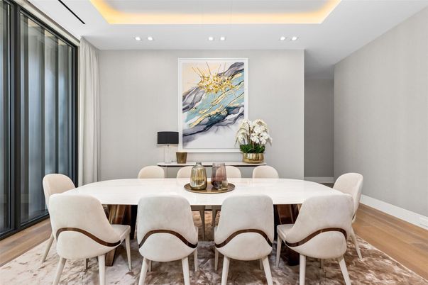 Dining room, Interior, Recessed Lighting, Wood Texture Flooring