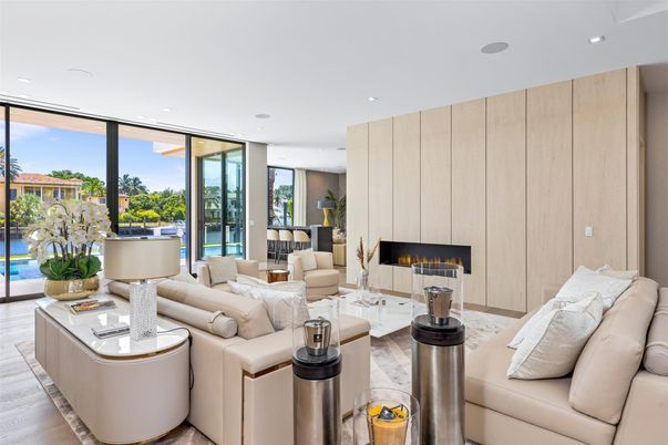 Fireplace, Interior, Living room, Recessed Lighting, Wood Texture Flooring