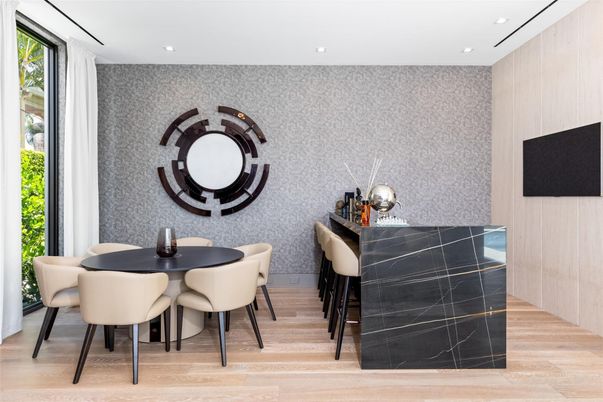 Dining room, Interior, Recessed Lighting, Wood Texture Flooring
