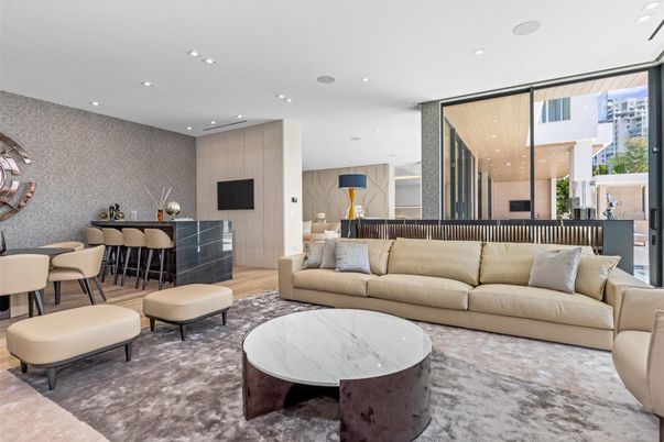 Dining room, Interior, Living room, Recessed Lighting, Wood Texture Flooring