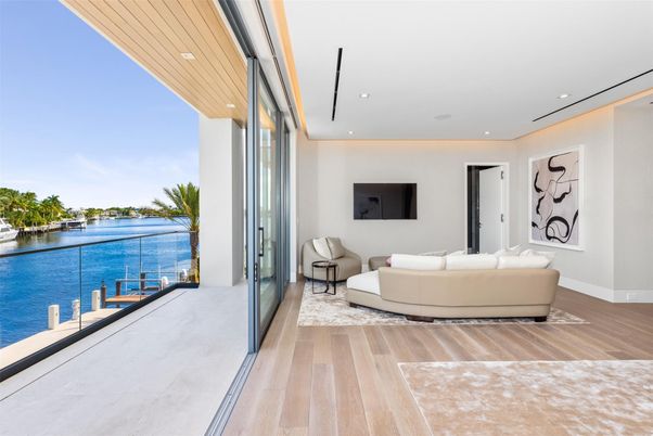 Interior, Living room, Recessed Lighting, Water, Wooden Ceilings, Wood Texture Flooring