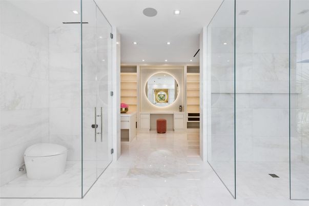 Bathroom, Glass Shower, Interior, Marble, Marble Walls, Recessed Lighting