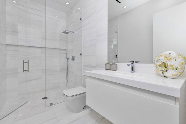 Bathroom, Glass Shower, Interior, Recessed Lighting