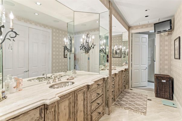 Bathroom, Chandelier, Dual Sink Vanities, Glass Shower, Interior, Recessed Lighting