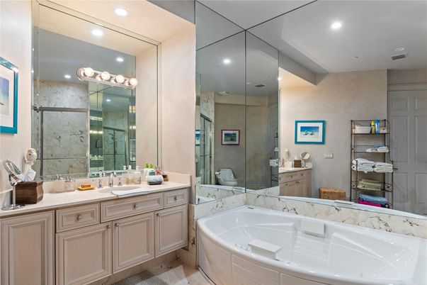 Bathroom, Dual Sink Vanities, Glass Shower, Interior, Recessed Lighting