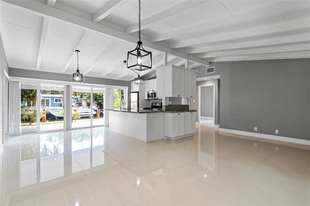 Empty room, Interior, Kitchen, Pendant Lights