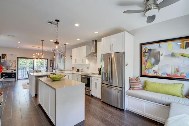 Interior, Kitchen, Pendant Lights, Recessed Lighting, Stainless Steel Appliances, Wood Texture Flooring