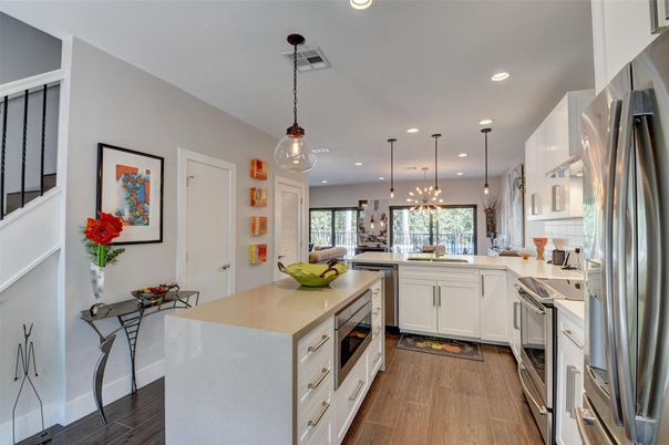 Interior, Kitchen, Pendant Lights, Recessed Lighting, Stainless Steel Appliances, Wood Texture Flooring