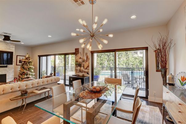 Dining room, Fireplace, Interior, Living room, Pendant Lights, Recessed Lighting, Wood Texture Flooring