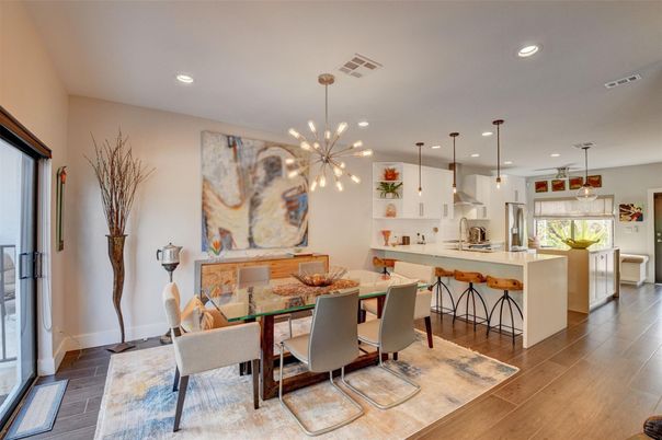 Dining room, Interior, Kitchen, Pendant Lights, Recessed Lighting, Wood Texture Flooring