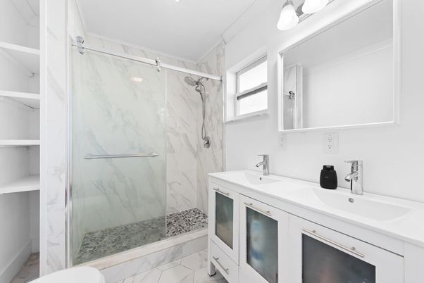 Bathroom, Dual Sink Vanities, Glass Shower, Interior, Marble, Marble Walls