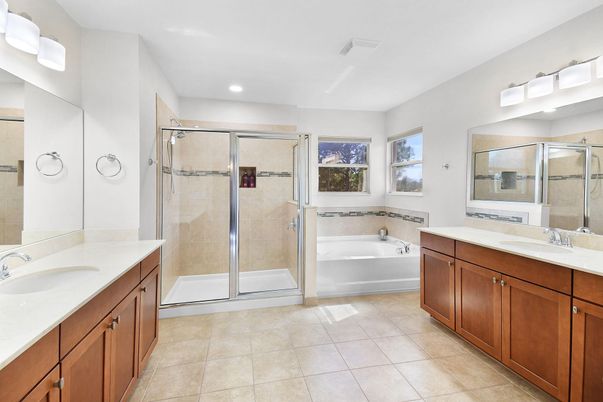 Bathroom, Dual Sink Vanities, Glass Shower, Interior, Recessed Lighting