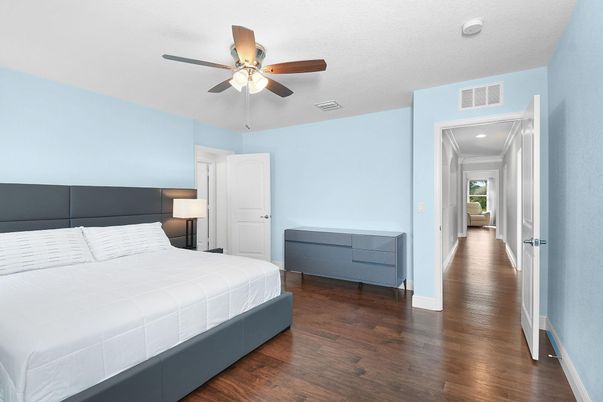 Bedroom, Interior, Recessed Lighting, Wood Texture Flooring