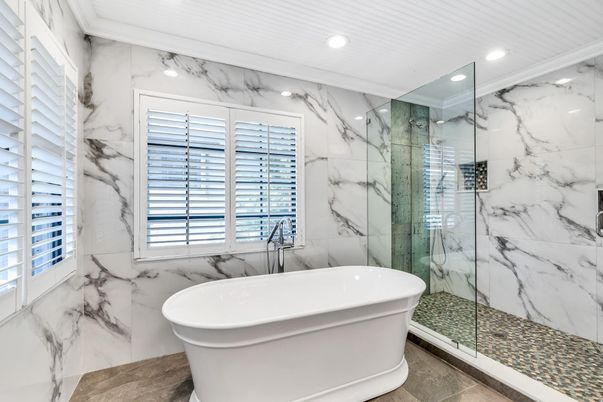 Bathroom, Free Standing Baths, Glass Shower, Interior, Marble Walls, Recessed Lighting
