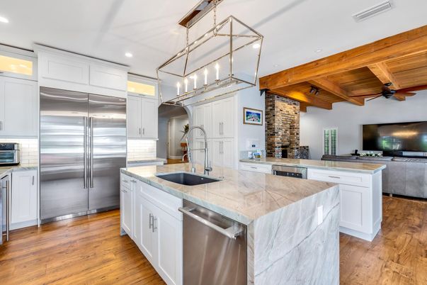 Interior, Kitchen, Pendant Lights, Recessed Lighting, Stainless Steel Appliances, Wooden Beams, Wooden Ceilings, Wood Texture Flooring