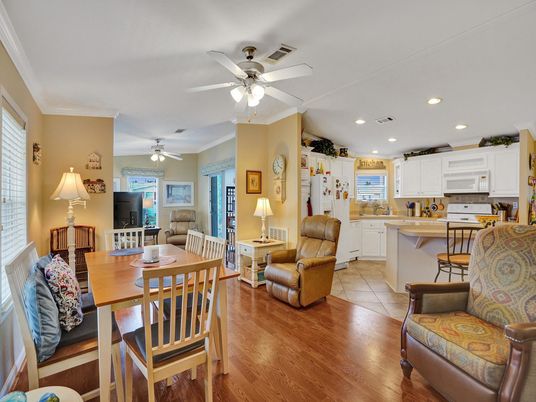 Dining room, Interior, Kitchen, Living room, Recessed Lighting, Wood Texture Flooring