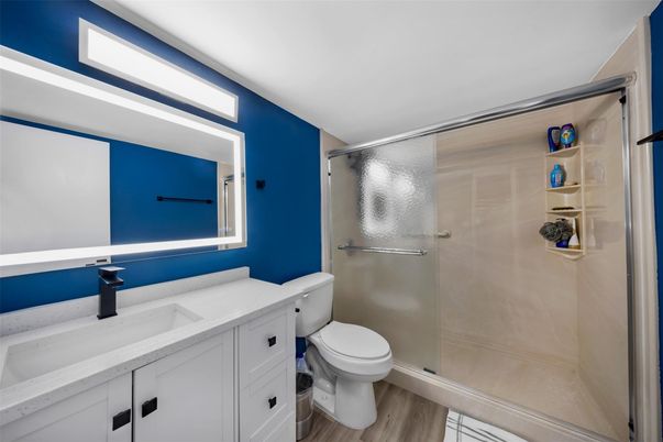 Bathroom, Glass Shower, Interior, Wood Texture Flooring
