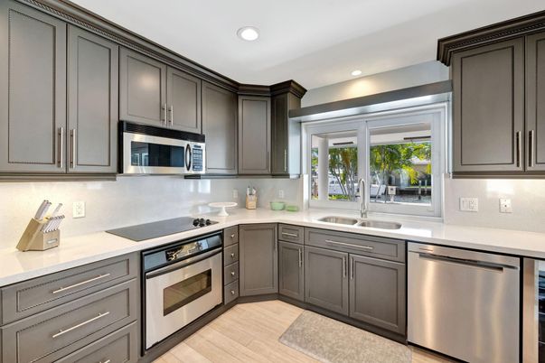 Interior, Kitchen, Recessed Lighting, Stainless Steel Appliances, Wood Texture Flooring