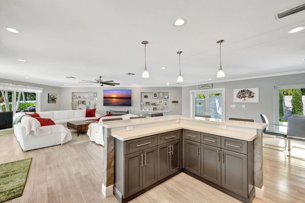 Dining room, Interior, Kitchen, Living room, Pendant Lights, Recessed Lighting, Wood Texture Flooring